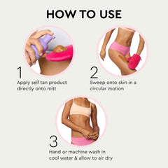 Tanologist mitts being used to apply self-tanner on arm showing streak-free blending benefit