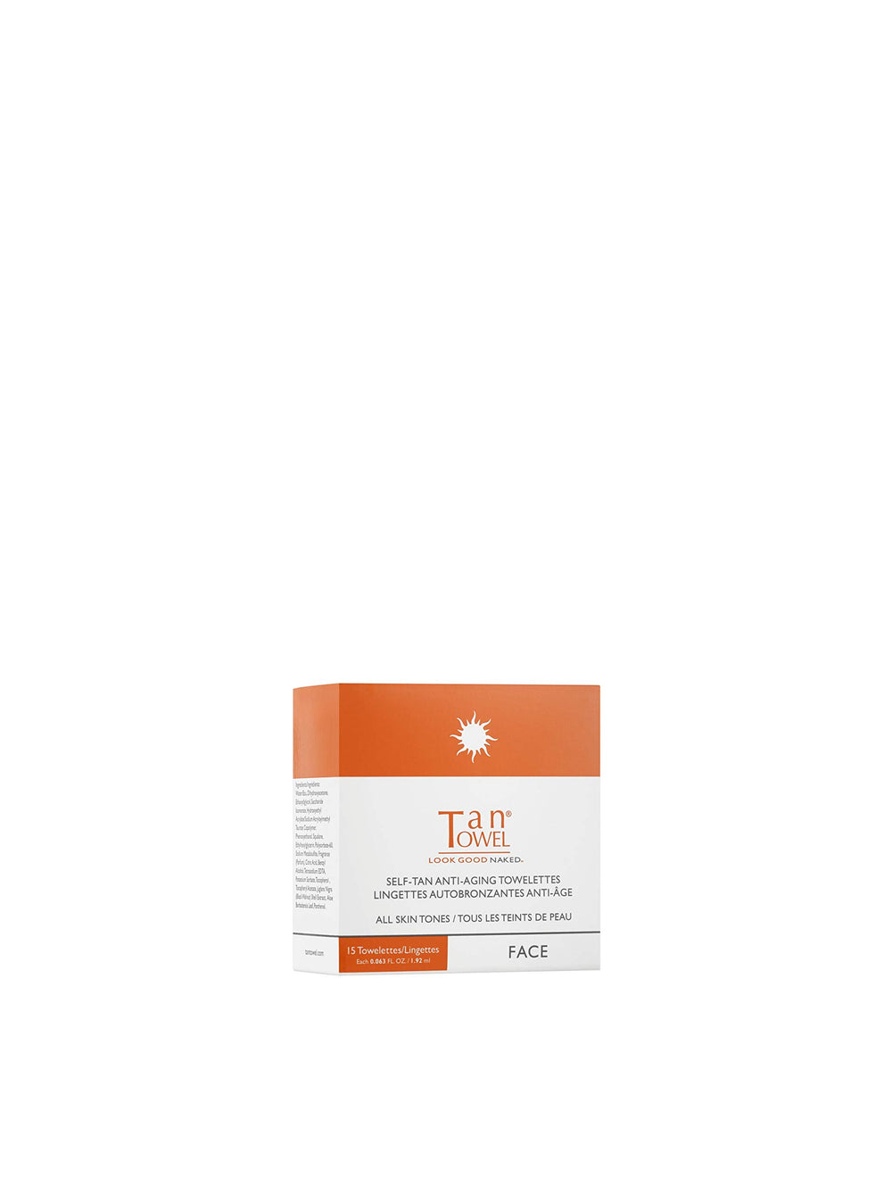 TanTowel front packaging showing 15-count face towelettes and clear benefits