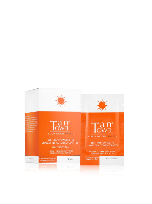 TanTowel front packaging showing 10-count Plus towelettes and quick bronze benefit