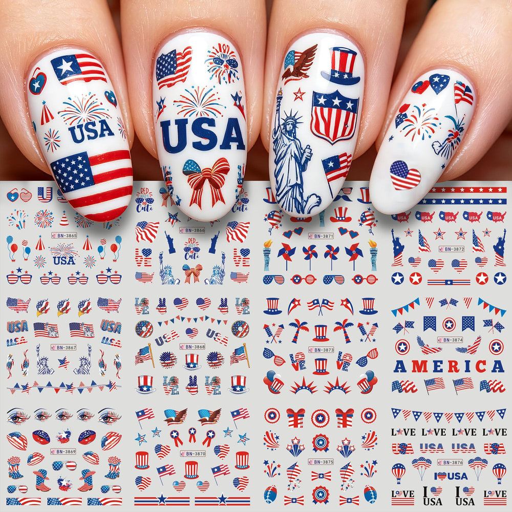 TANYOOTO sheet front view showing multiple patriotic decal designs and easy selection benefit