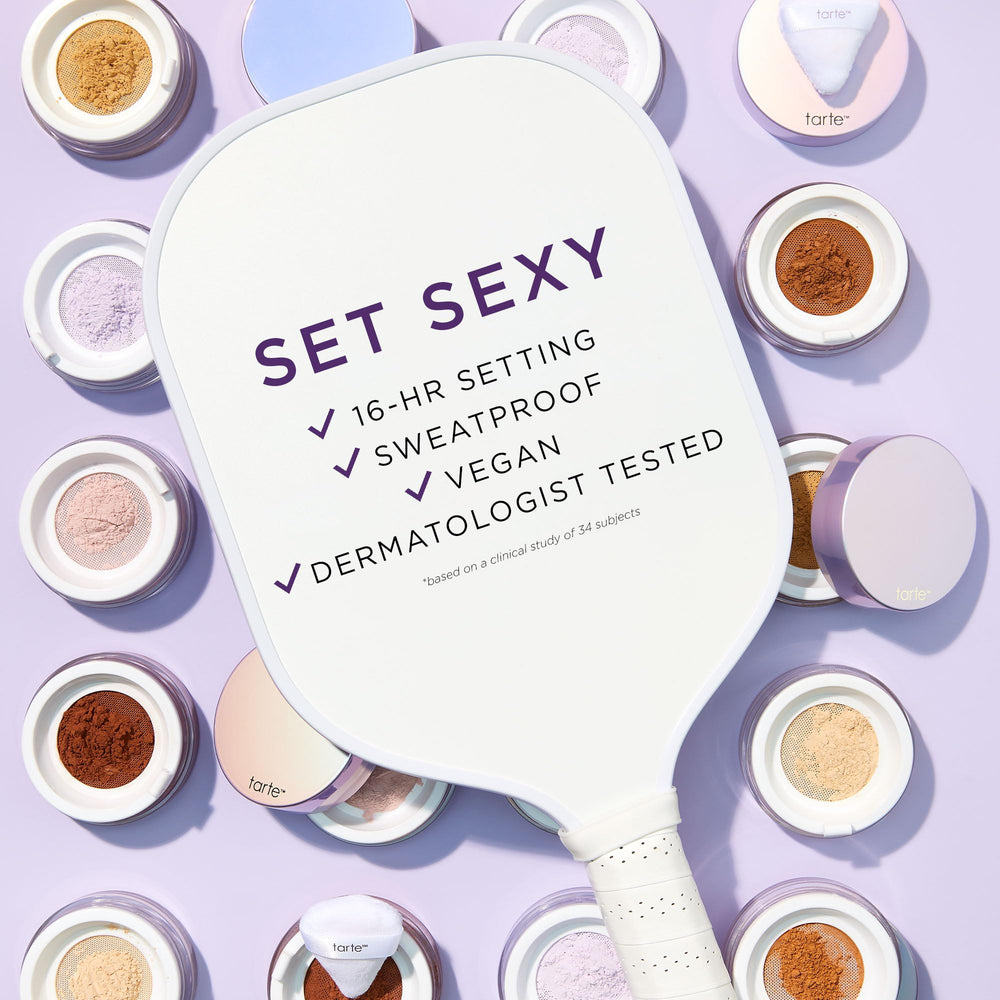 tarte creaseless lavender applied with brush pressed for crease-free, longwear setting