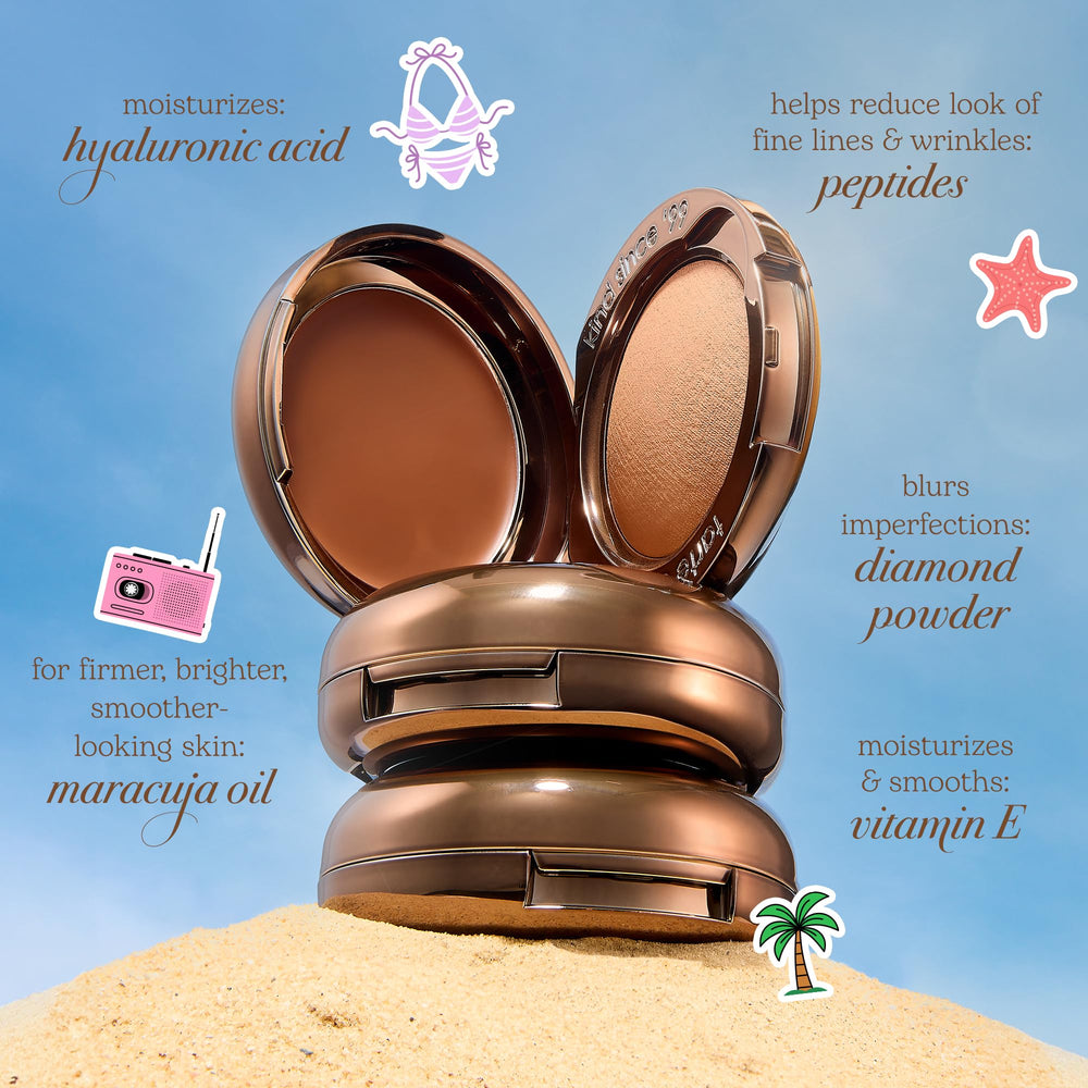tarte bronzer with brush showing how to buff powder for diffused, sun-kissed depth