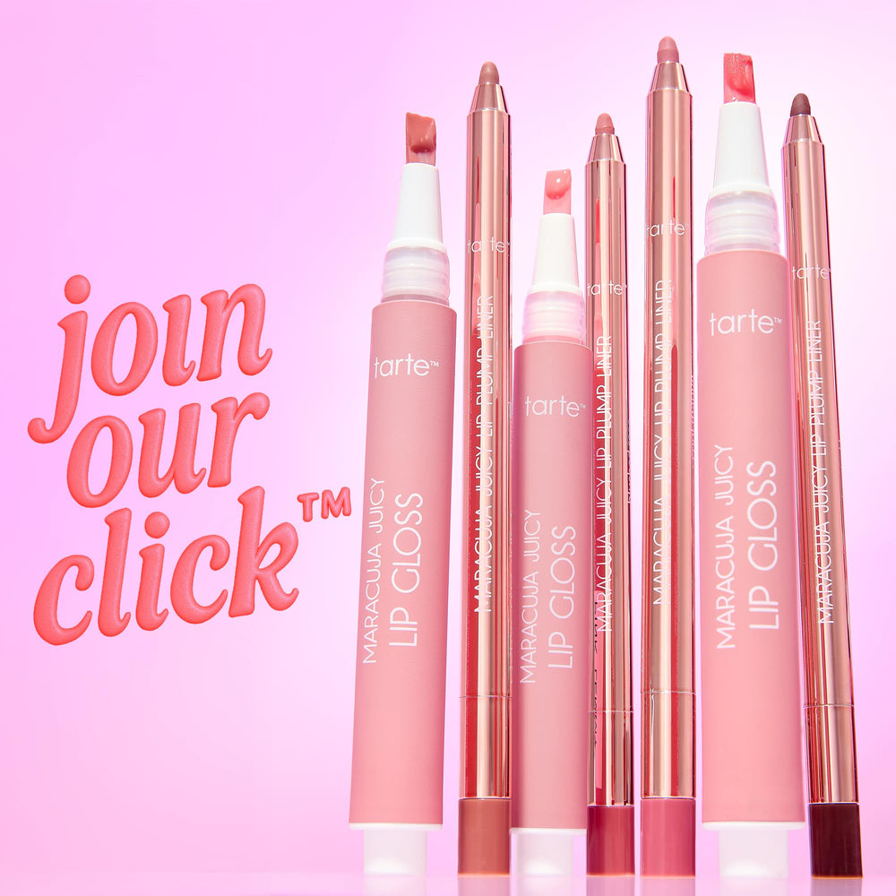 tarte size comparison next to lipstick showing full-size tube and travel-friendly benefit