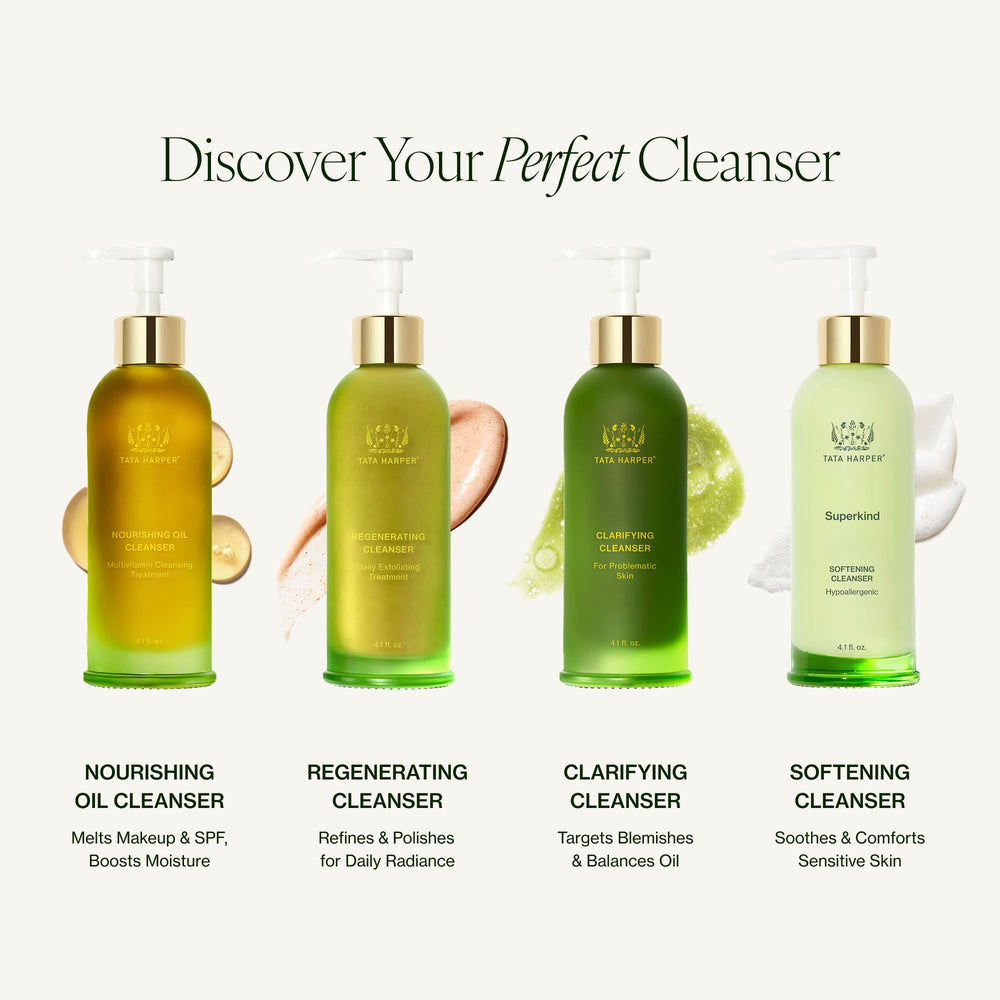 Tata Harper cleanser on bathroom shelf in lifestyle setting, suggesting daily ritual benefit