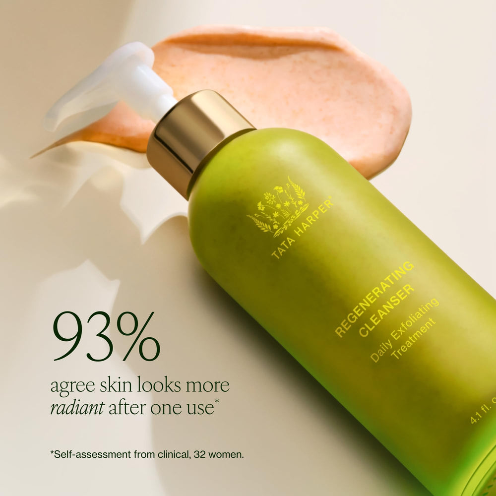 Tata Harper cleanser staged in bathroom for practical routine benefit