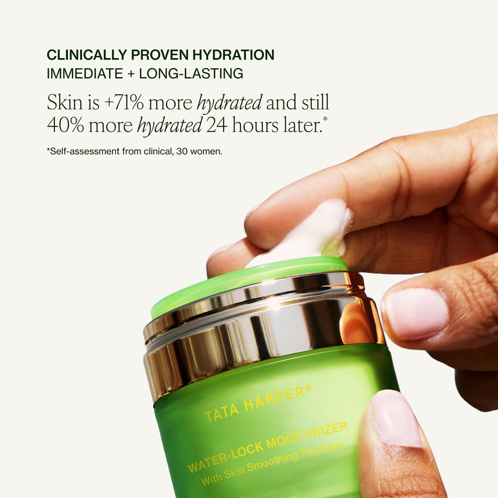 Tata Harper on bathroom vanity suggesting daily skincare ritual benefit