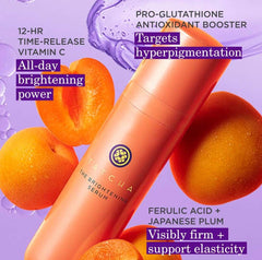 TATCHA Brightening Serum label detail highlighting ingredients and treatment purpose