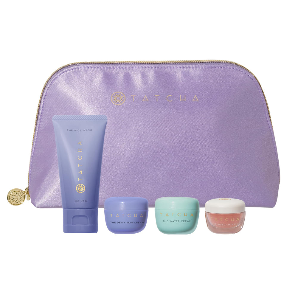 TATCHA travel pouch front view showing neat TSA-friendly kit and convenience