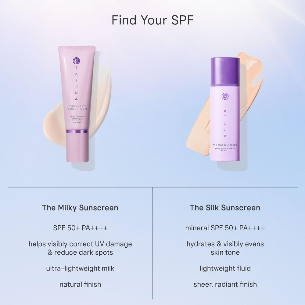 TATCHA packaging label close-up emphasizing SPF 50+ broad-spectrum information