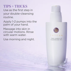 TATCHA label close-up highlighting camellia and Hadasei-3 ingredients benefit
