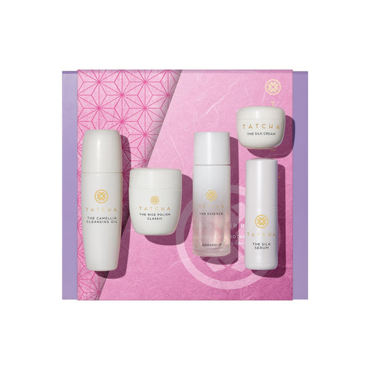 Tatcha starter set flatlay showing full kit and travel-ready convenience