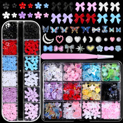Tatiwoo front of box showing organized nail charms and included tweezer for easy use