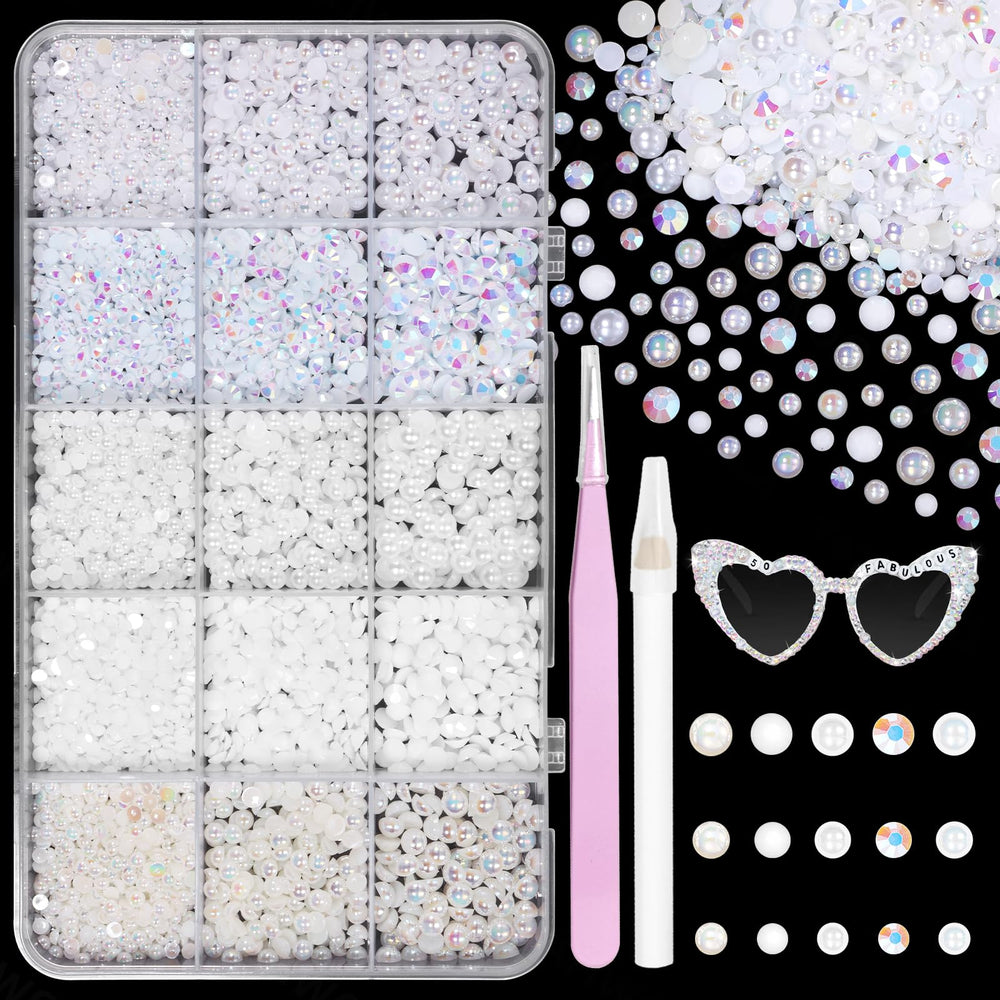 Tatiwoo front of packaging showing organized mixed-size pearls and rhinestones for easy access