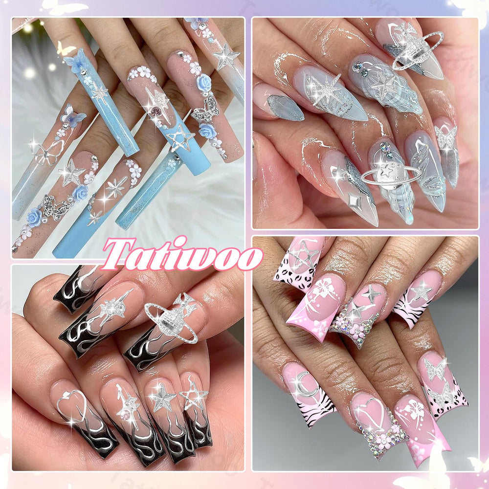 Tatiwoo styled manicure with galaxy theme using charms to create eye-catching nails