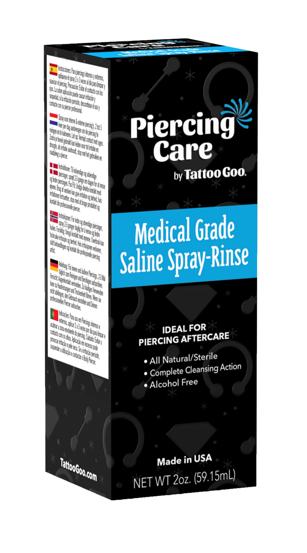 Tattoo Goo label close-up showing 99.9% sodium chloride clarity and usage info