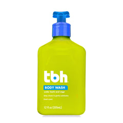 TBH bottle front view showing label and 12 oz size, clear kid-friendly design