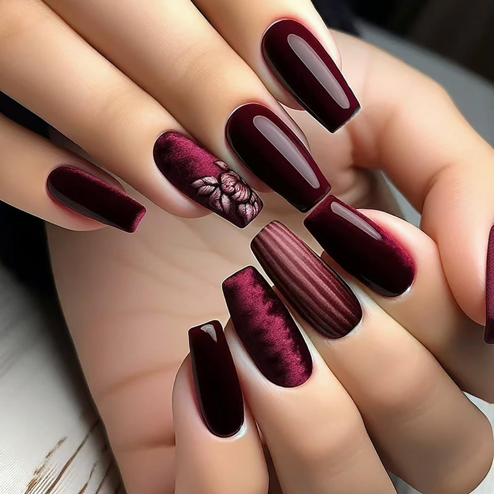 TBRZTR front view of wine red coffin press-on nails showing glossy finish and full cover benefit