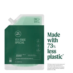 Tea Tree aluminum bottle closeup highlighting reusable packaging benefits