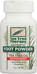 Tea Tree Therapy front packaging showing 3 oz powder and refreshing scent
