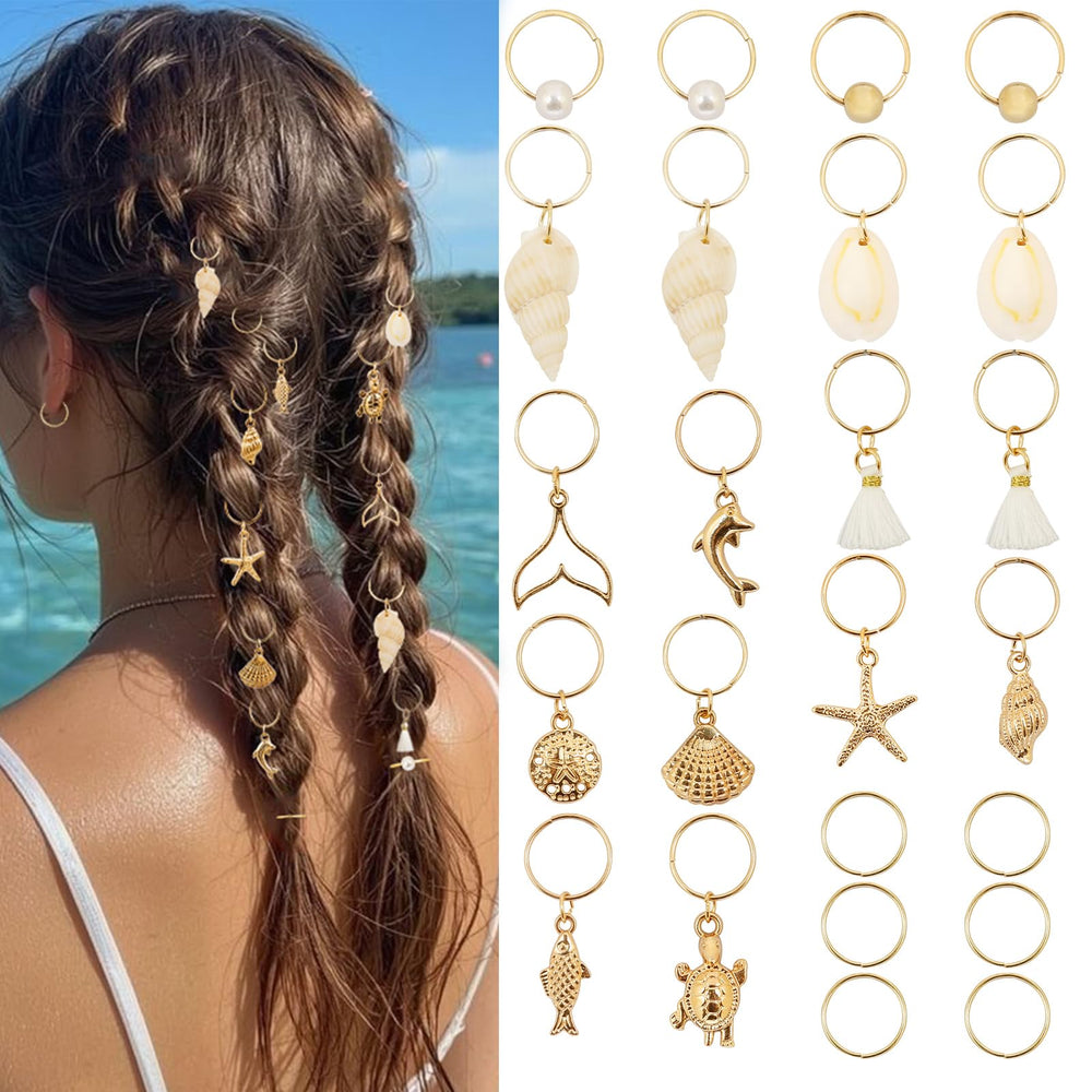 TEBIEKOY front view of 24-piece gold seashell hair charms showing full set benefit versatility