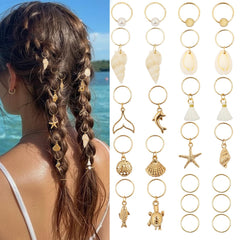 TEBIEKOY front view of 24-piece gold seashell hair charms showing full set benefit versatility