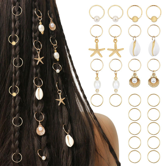 TEBIEKOY front packaging showing 24-piece gold seashell hair charms, easy styling