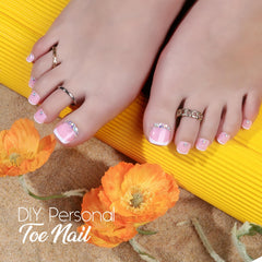 Teenitor press-on toenail being applied on foot for quick at-home pedicure