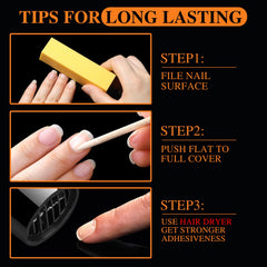 Teenitor hand applying a tab then pressing a press-on nail for fast application