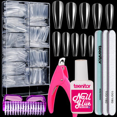 Teenitor clear coffin tips front packaging showing kit contents and variety benefits