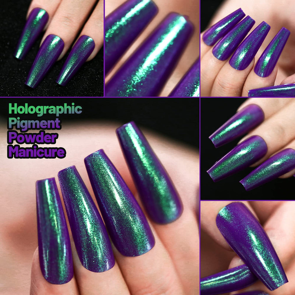 Teenitor close-up of holographic metallic nail tip showing mirror finish and shine
