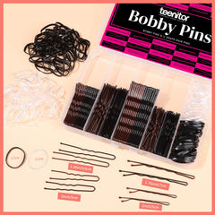 Teenitor compartmented box with separated pins and bands for easy selection during styling