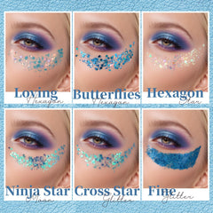 Teenitor model at festival wearing blue glitter for eye-catching reflective sparkle