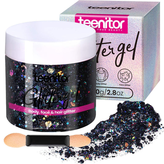 Teenitor jar front view showing holographic black glitter gel and bold packaging benefit
