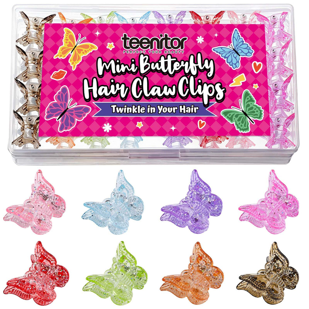 Teenitor front packaging box showing 32 glitter butterfly clips and organized storage benefit