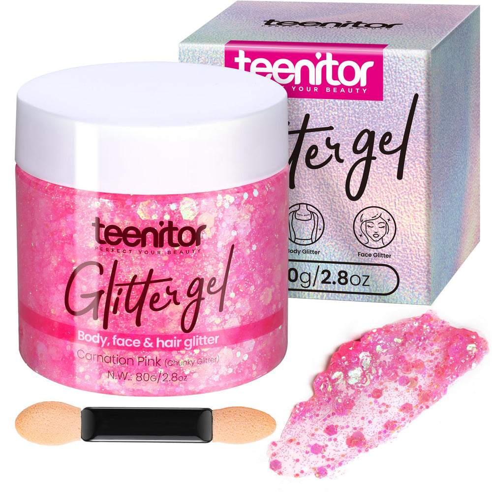 Teenitor front packaging showing pink holographic glitter gel and clear labeling for easy identification