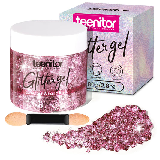 Teenitor front packaging showing pink chunky glitter gel and weight as benefit