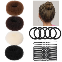 Teenitor front view of small donut bun maker set showing contents and benefit quick styling