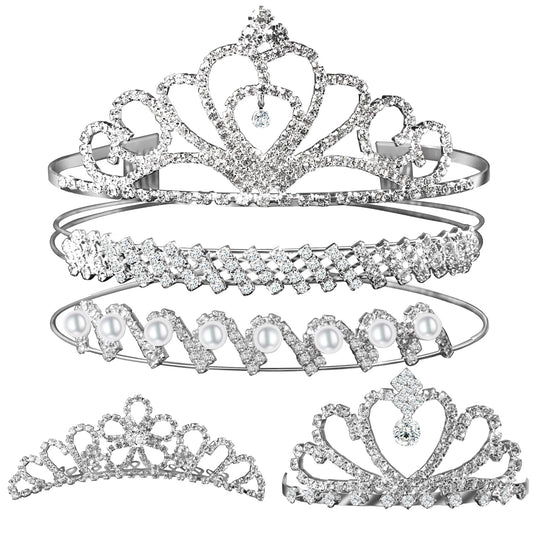 Teenitor front view of the five-piece tiara set showing variety and sparkle