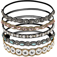 Teenitor front view of five beaded headbands showing colors and styles, adds instant sparkle