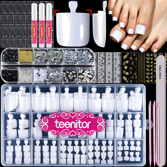 Teenitor front packaging showing kit contents and glossy white tips for polished pedicures