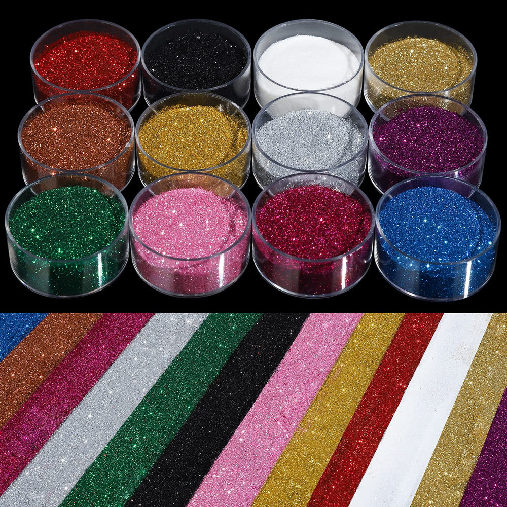 Teenitor front packaging showing 12 glitter tins and bright colors for organized storage