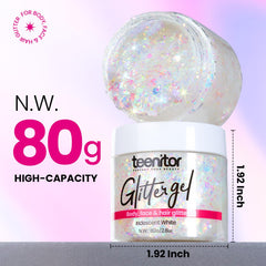 Teenitor gel texture close-up showing chunky and fine glitter sparkle