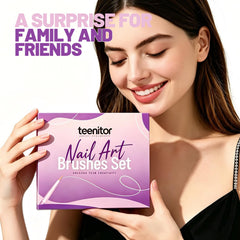Teenitor nail art in-progress scene showing brushes and dotters creating detailed design