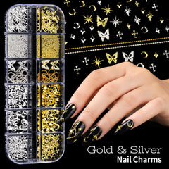 Teenitor metallic gold and silver charms with chains for layered nail textures