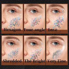 Model wearing Teenitor glitter on eyes and cheeks for festival-ready reflective shine