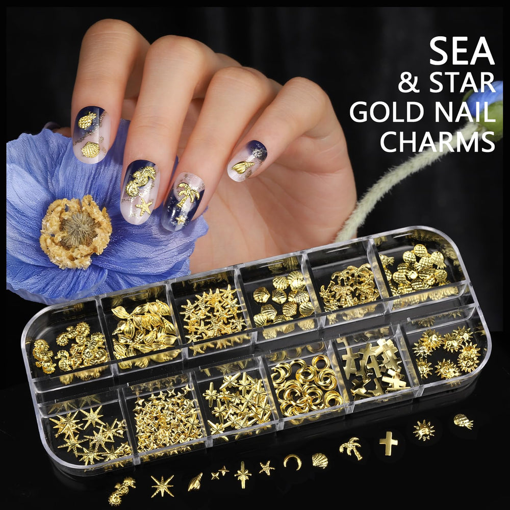 Teenitor nails wearing gold charms demonstrating glamorous finished look