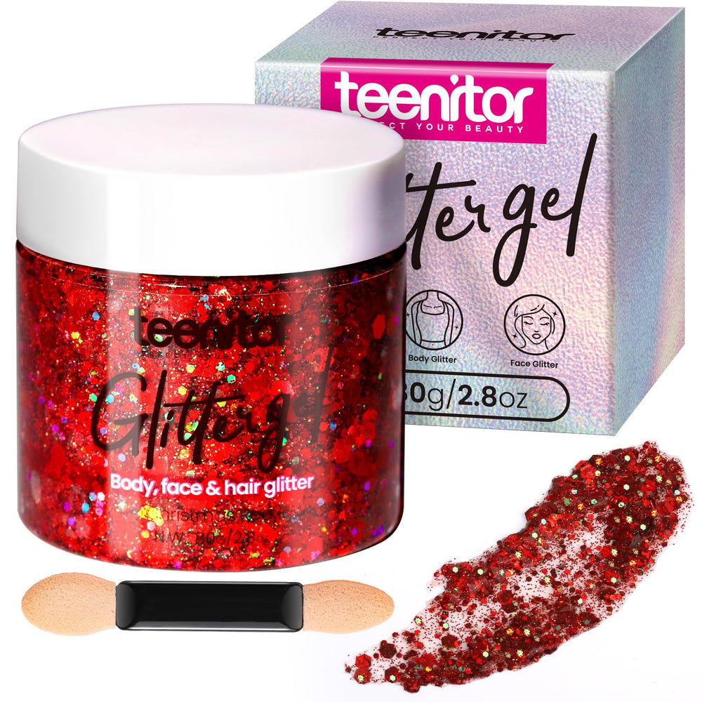 Teenitor jar front view showing red glitter gel and label, vibrant party-ready look