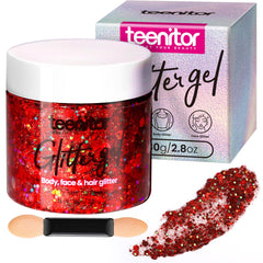Teenitor jar front view showing red glitter gel and label, vibrant party-ready look