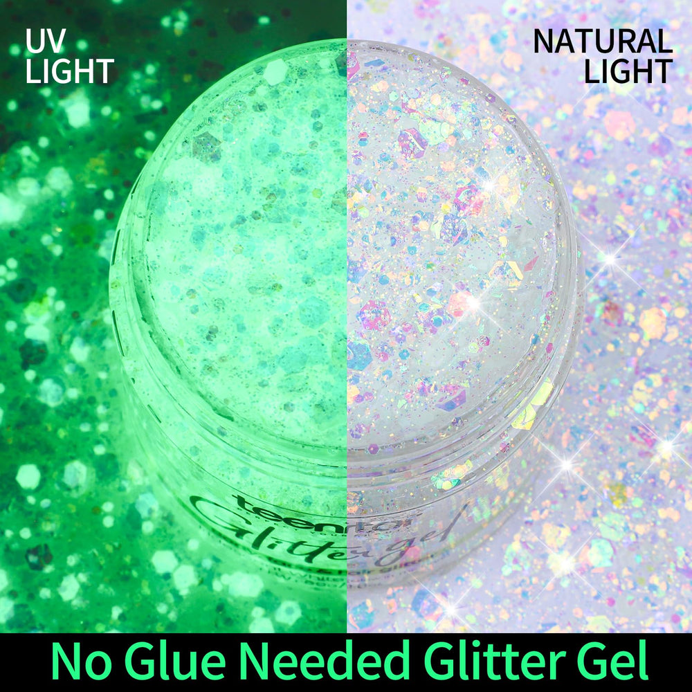 Teenitor texture close-up displaying mixed glitter particles and smooth gel
