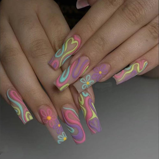 Teilihai front packaging showing floral long coffin press-on nails and included tools for easy at-home use